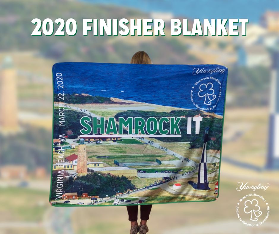 Finisher blanket for the Shamrock Marathon and Half Marathon is shown. 