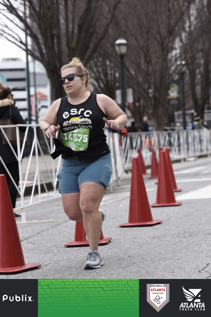 Vanessa Junkin looks focused as she nears the finish of the Publix Atlanta Marathon. 
