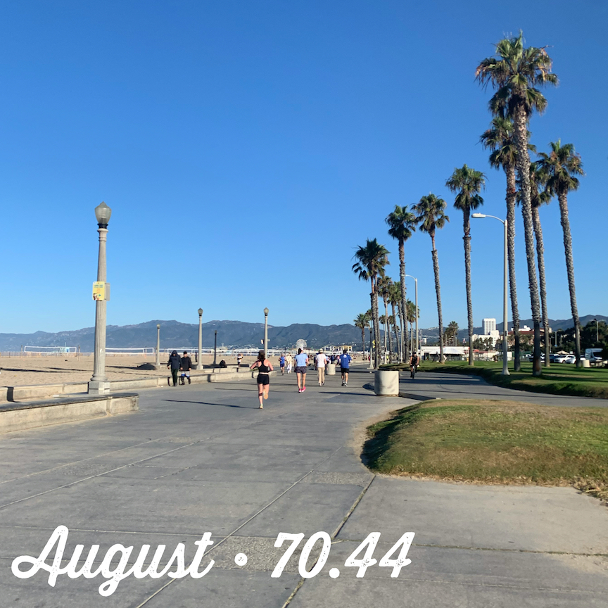 A view of a paved path along the beach with runners on the path and palm trees to the right, with the text "August - 70.44"