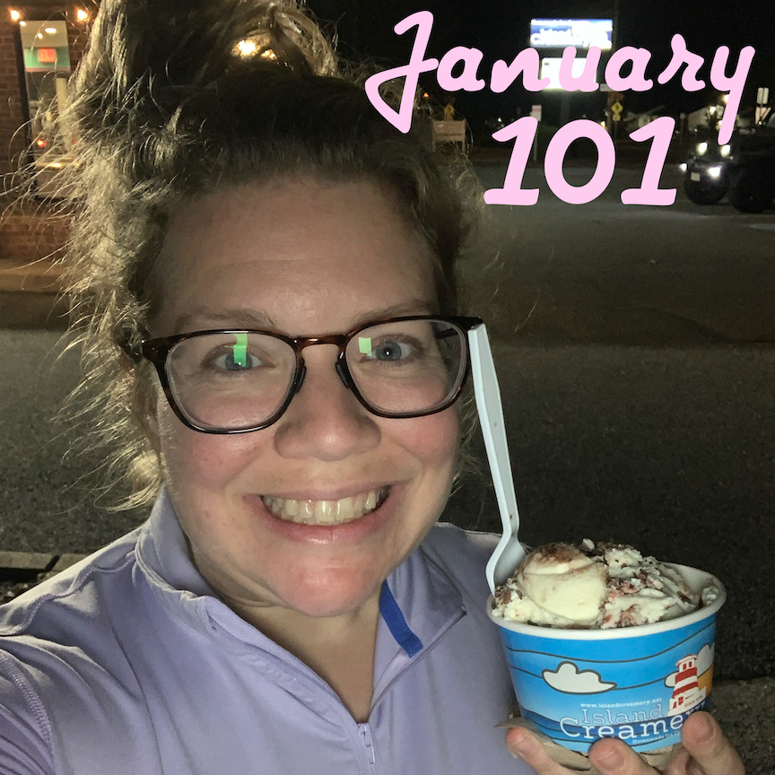 Selfie of Vanessa Junkin holding ice cream with the text "January 101"