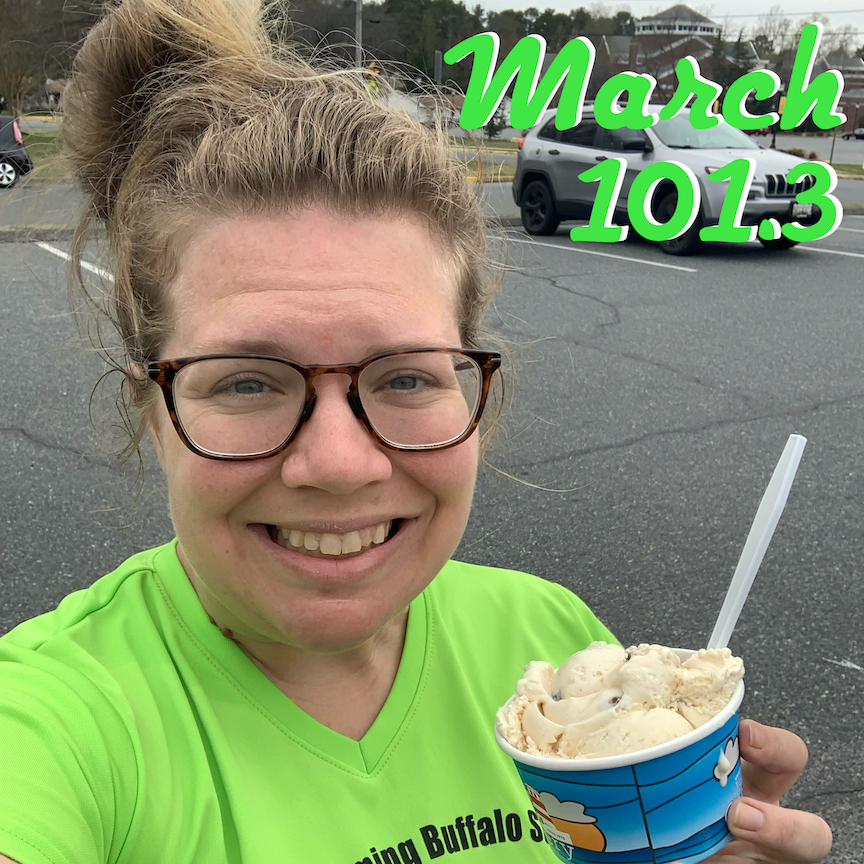 Selfie of Vanessa Junkin holding ice cream with the text "March 101.3"